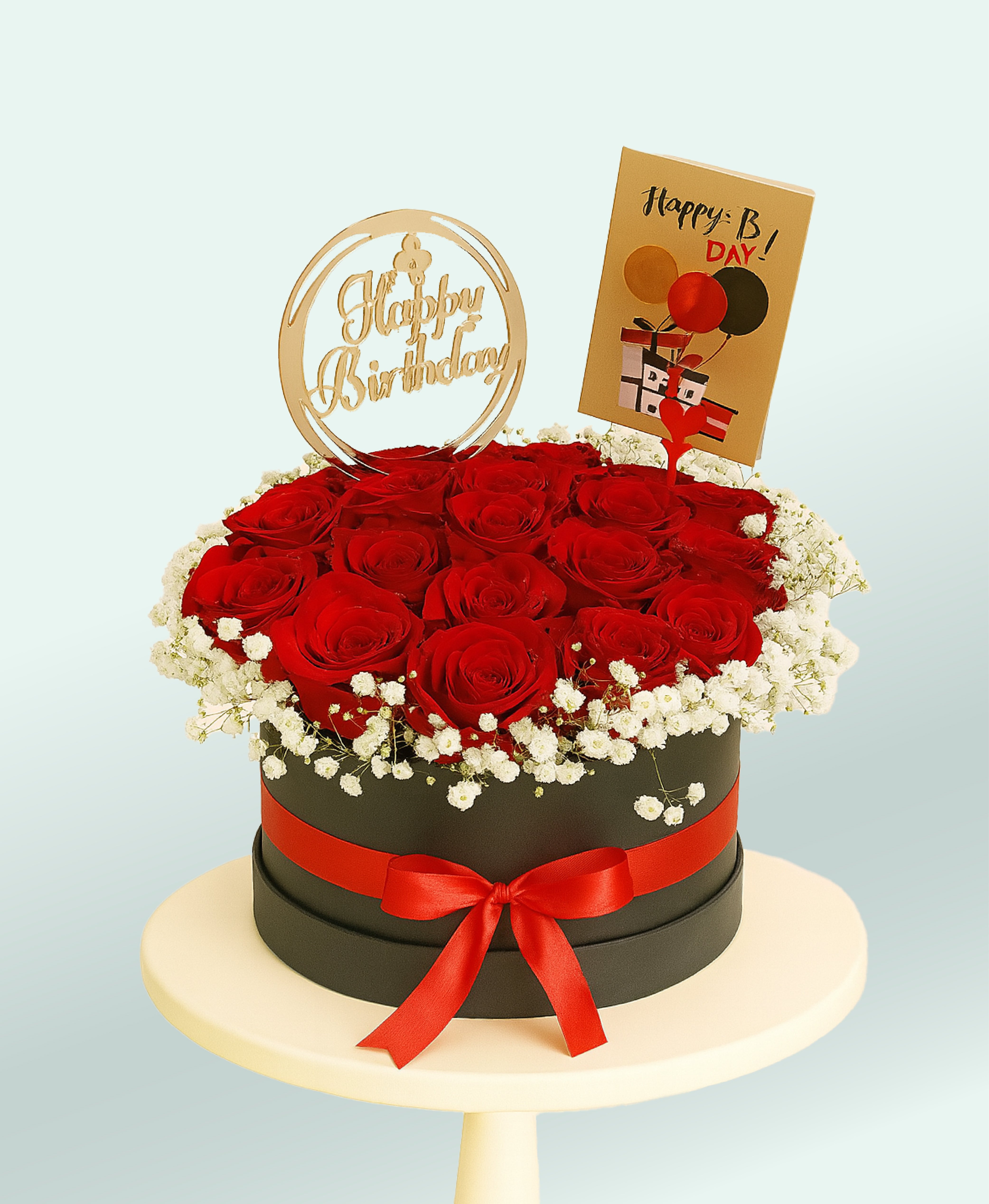 Birthday Love Bloom Box – Red Roses & Baby’s Breath